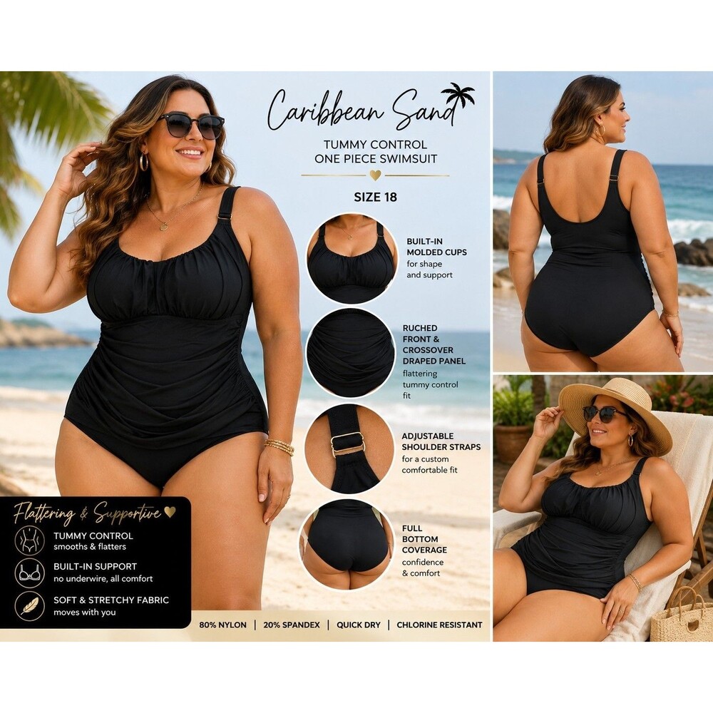 Caribbean Sand Women 18 Black Tummy Control Bathing Suit Swimsuit Slimming Chic